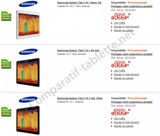 французские цены на Samsung Galaxy Tab 4 10.1 