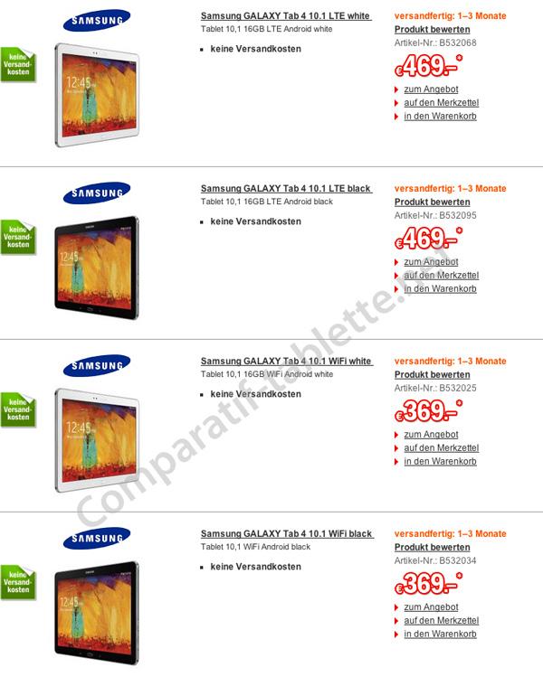 немецкие цены на Samsung Galaxy Tab 4 10.1 