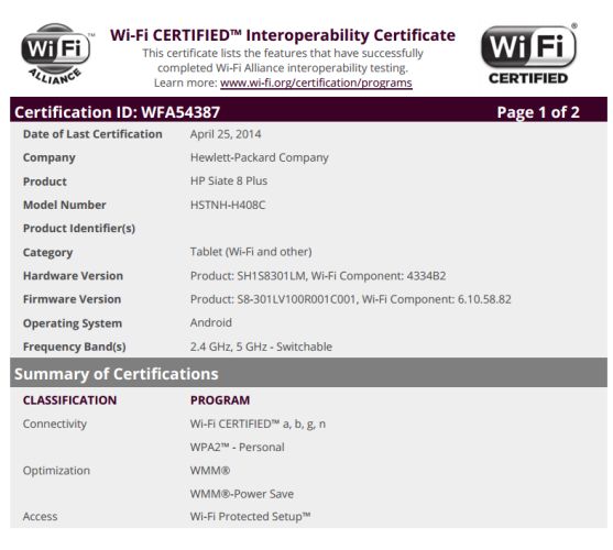 сертификация HP Slate 8 Plus